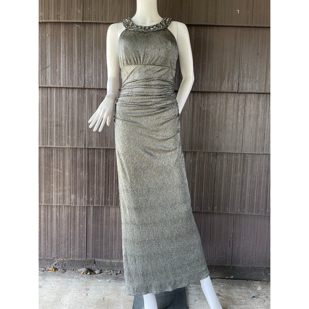 🔥R&M Richards Metallic Silver Jeweled Collar Bodycon Formal Evening Party Dress
